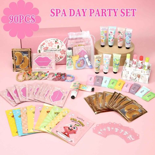 90 PCS Spa Party Supplies for Girls, Sleepover Spa Party Favors Gift Set Include Face Masks Skincare, Hand Cream, Lip Balm, Eye Mask, Lip Mask ,Organza Bags, Girls Slumber Birthday Spa Party Supplies