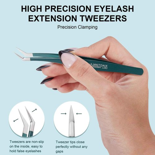 FYB Pointed Tweezers, Professional Lash Extension Tweezers, Lash Tweezers, Fine Point Precision Hair Removal, Stainless Steel Eyelash Tweezer (Dark Green 2 Pcs)