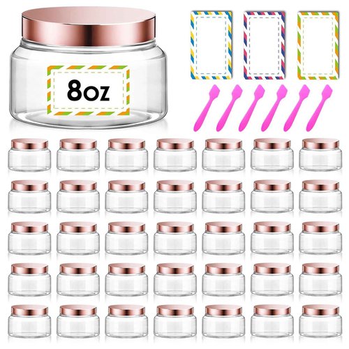 36 Pack 8 oz Plastic Cosmetic Containers With Lids Refillable Clear Empty Travle Jars Containers for Body Butter,Sugar Scrubs,Cream,Lotions,Candy, Waterproof Label&Spatulas - (Rose Gold Lid)