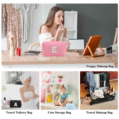Letoileite Personalized Preppy Patch Makeup Bag Waterproof PU Leather Travel Toiletry Bag with Zipper，Cosmetic Bag Women Friend Birthday Christmas Gifts