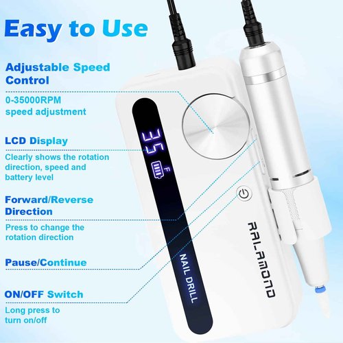 RALAMOND Professional Nail Drill, 35000RPM Electric Nail File, Rechargeable Cordless Machine, Nail Drill Kit with Bits, Portable Electric Nail Filer Manicure Pedicure (White)