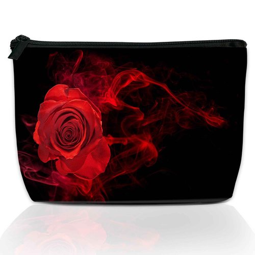 DEMACYA Makeup Bag for Purse, Waterproof Funny Abstract Red Rose Cosmetic Bag for Women, Zipper Travel Toiletry Pouch with Black Leaves Gift 9.5×5.9 Inch