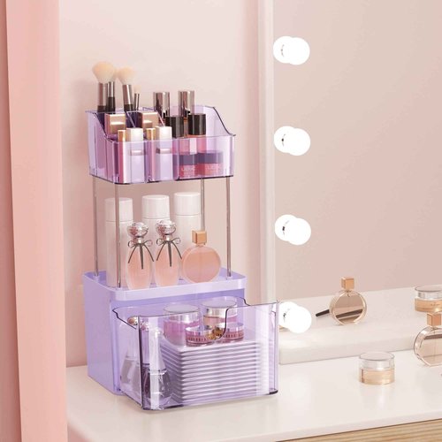 DOADW Small Makeup Organizer with Drawer - 3 Tier Bathroom Organizer Countertop - Multi-Purpose Skin Care for Vanity, Cosmetic Counter Organizer (Purple)
