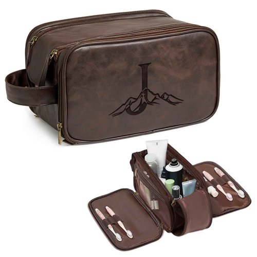 Janhavi Personalized Toiletry Bag for Men, Gifts for Boyfriend, Toiletry Bag For Shower Caddy,Personalized Initials & Mountain, Mens Toiletry Travel Bag, Travel Essentials for Men (Dark Brown J)