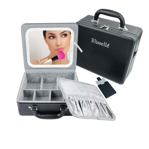 BLISSELLE Travel Makeup Bag with LED Lighted Mirror, Waterproof Make Up Mirror With Lighting And Adjustable Dividers, Portable Makeup Train Case Cosmetics Storage Bag, 3 Adjustable Brightness (Black)