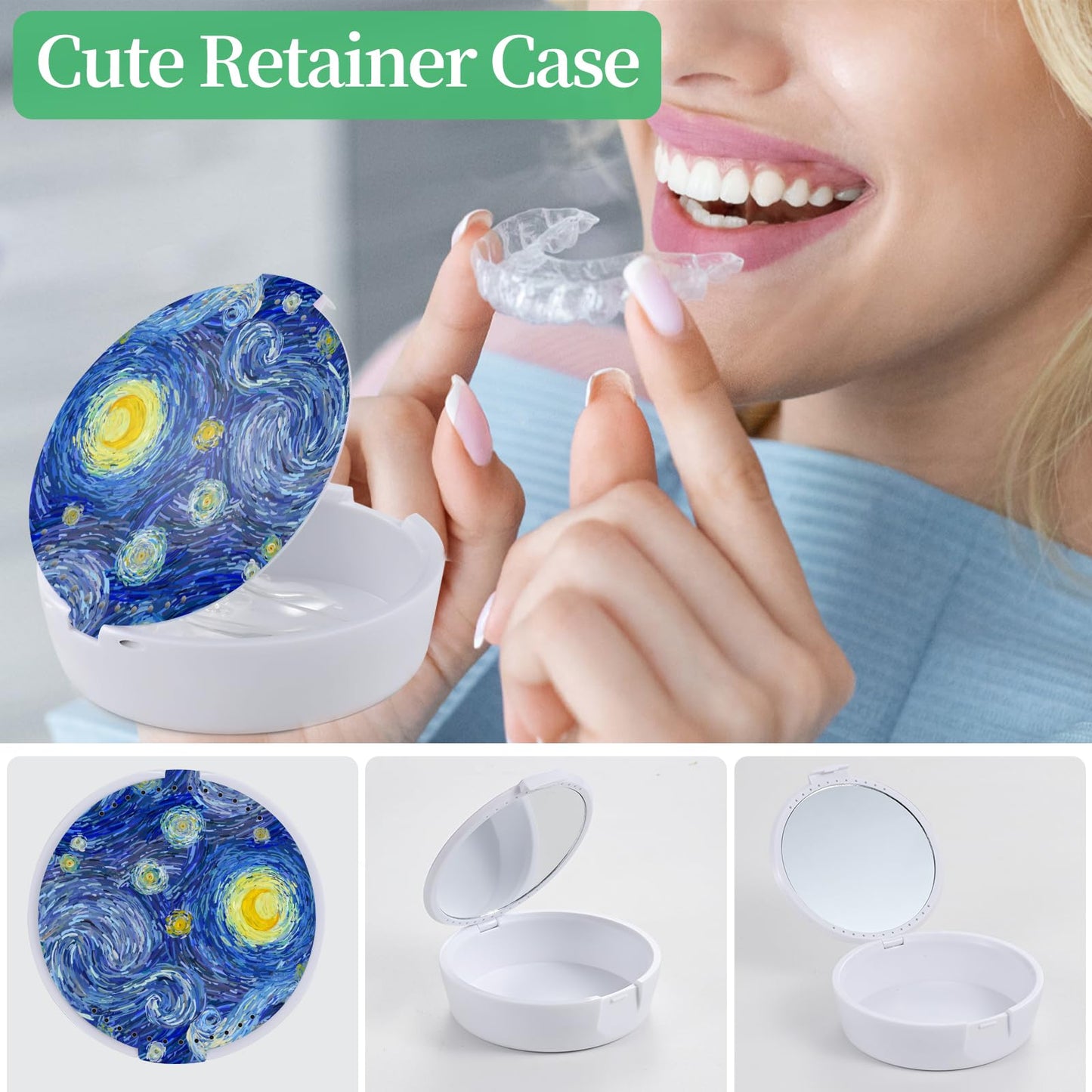 TIHYWR Retainer Case,Denture Case Cute Mouth Guard Case Container Storage Racks,Orthodontic Aligner Case With Mirror and Ventilatio,Blue Star