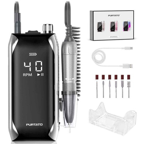 PURTATO Professional Nail Drill 40,000 RPM, Rechargeable,LCD Display E File Machine for Acrylic Nails Gel Polishing Removing Portable Nails Efile Tools for Manicure Salon & Home (Silver)