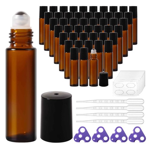 StellaCare Roller Bottles for Essential Oils,10ml Empty Glass Perfume Bottle with Stainless Steel Roller Balls, Opener,Droppers,Labels,48 pack Roll on Bottles