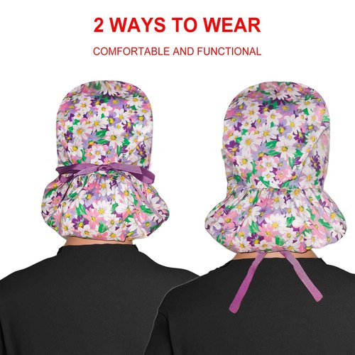 Scrub Cap with Buttons - Cotton Cap with Sweatband, Adjustable Ponytail Working Cap, Tie Back Hats for Women (Chrysanthemum)