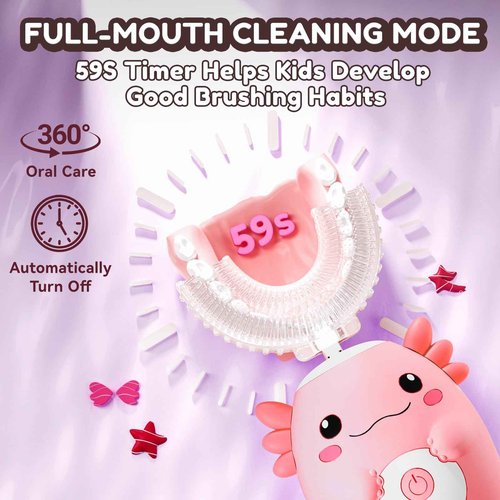 PVOGRT Kids Electric U Shaped Toothbrush - Axolotl Kids Sonic Toothbrush with 6 Brush Head Automatic Rechargeable 6 Cleaning Modes Full Mouth Cleaning-Pink