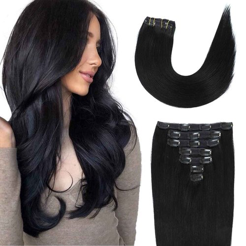 Clip in Hair Extensions Real Human Hair 14Inch 120g/set Straight Human Hair Clip in Extensions 7pcs Thick Remy Brazilian Human Hair Clip ins for Women Jet Black Color
