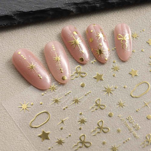 Star Bow Nail Stickers Decals Gold Silver Laser Purple Nail Art Decals Self-Adhesive Designs Nail Art Stickers for Women DIY Nails Decorations Star Nail Decals Accessories