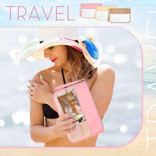 Sanwuta 3 Pcs Clear Zipper Pouches - Nylon Makeup Bags Cosmetic Travel Toiletry with Zipper, Preppy PVC Flat Pouch for Women Girls(Pink, Beige, Brown)