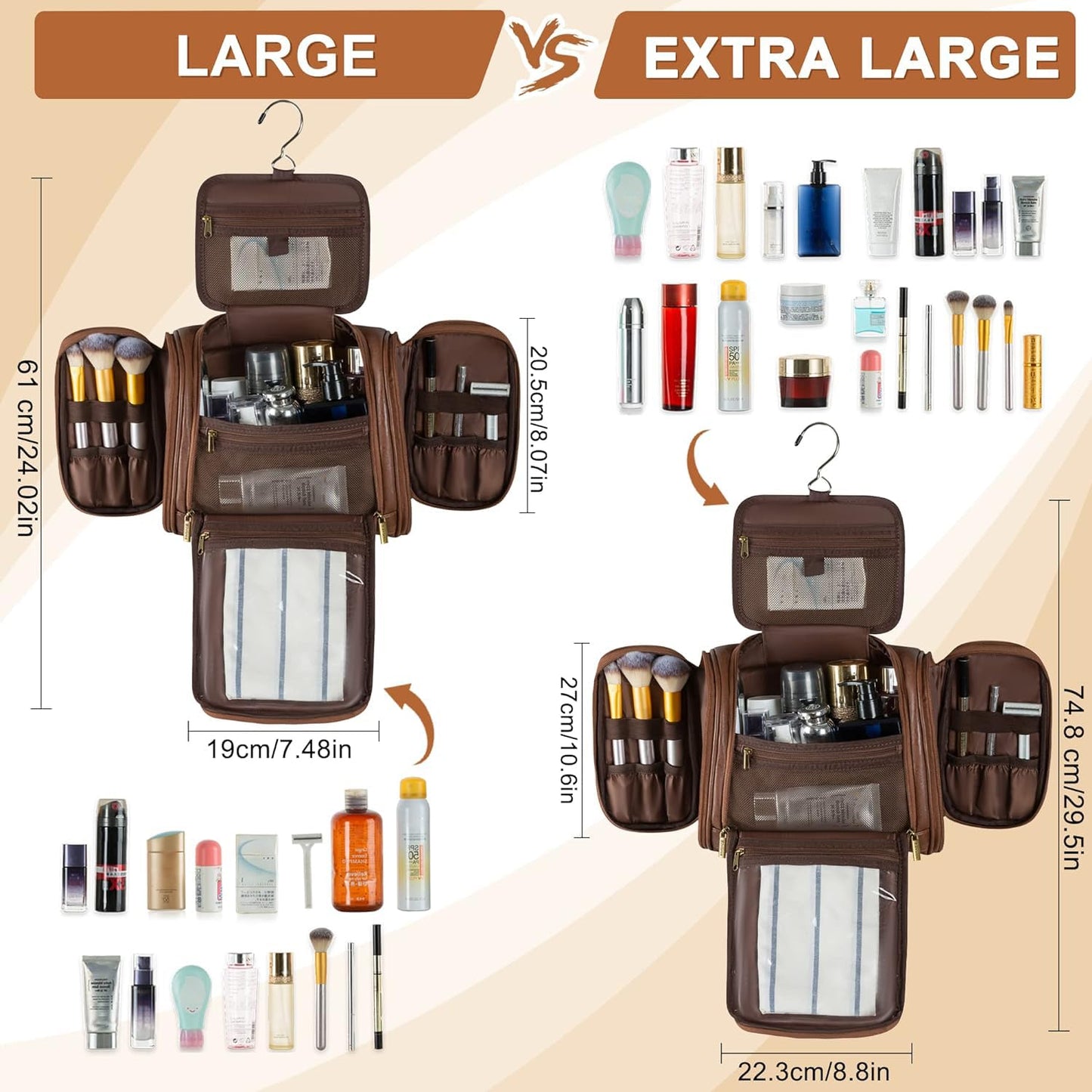 Elviros Travel Hanging Toiletry Bag for Women and Men, Large PU Leather Toiletries Organizer, Water-resistant Bathroom Shaving Kit for Cosmetics, Makeup Case (Large, Chocolate)