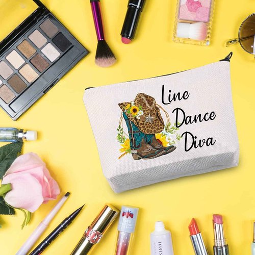 G2TUP Line Dance Gift Line Dance Diva Makeup Bag Western Country Music Dancing Dancer Cosmetic Bag Country Music Lover Gift Zipper Travel Bag (Line Dance Diva White Bag 2.0)