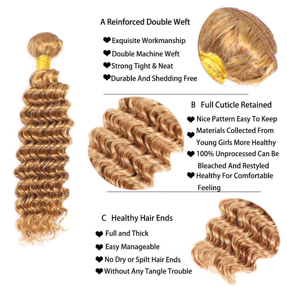 Color #27 Human Hair Bundles Blonde Human Hair Bundles Honey Blonde Deep Wave Bundles 14 16 18 inch Mixed Length 3 Bundles Blonde Wet and Wavy Bundles