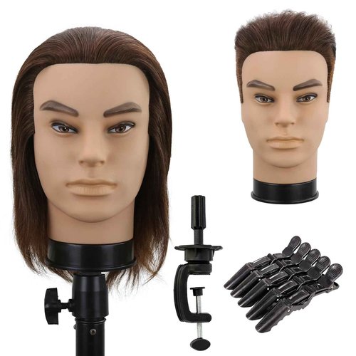 Male Mannequin Head Men Mannequin Head Human Hair Hairdresser Manikin Head Barber Mannequin Head Male Training Doll Head for Hair Styling and Practice （Dark Brown)