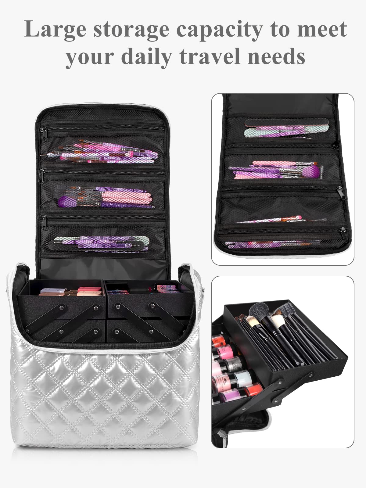 KZAOPZ Large Makeup Train Case, 4 Trays Professional Nail Organizer Case for Nail Kits for for Nail Tools Jewelry MakeUp Brushes, Travel Makeup Organizer Bag with Adjustable Strap, Pink