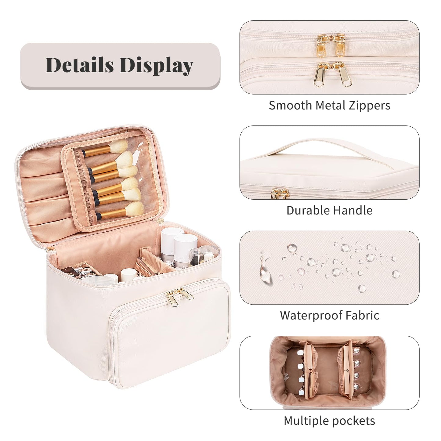 Large Makeup Bag, Portable Travel Makeup Bag for Women Girls with Makeup Brush Compartment, Stylish Makeup Bag Organizer Cosmetic Case With Handle and Divider - Beige