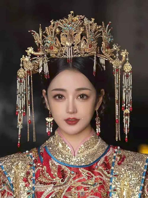 Chinese Wedding Bride Hair Accessory Chinese Crown Wedding Hair Accessories Golden Flower Floral Beaded Flapper Headband Jeweled Bridal Wedding Tiara (Phoenix)