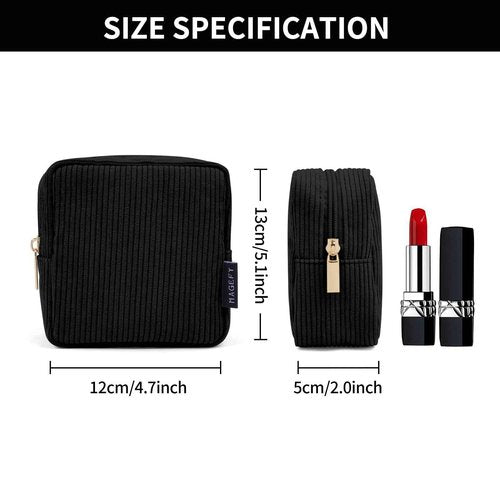MAGEFY Small Makeup Bag for Purse Mini Cosmetics Bag Corduroy Cute Cosmetic Pouch for Women with Slip-in Pockets-Black