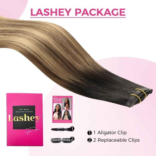 Lashey Ombre Balayage Ash Brown Highlighted Honey Blonde Seamless Clip in Hair Extensions Human Hair with Natural Black Dark Roots 4pcs 48g Highlight Effect Hair Extensions 20 Inch Straight Hair