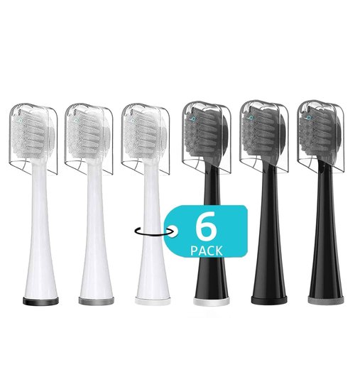 Replacement Brush Heads for Waterpick Sonic Fusion 2.0 Flossing Toothbrush with Cover, Compact, 3 Count White + 3 Count Black, Soft Bristles