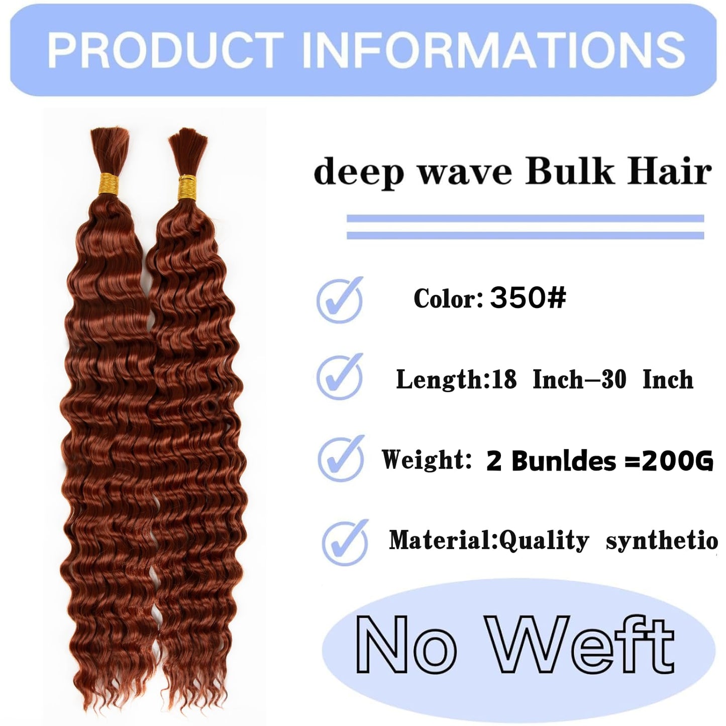 Deep Bulk Hair For Braiding Hair 20inch Wet And Wavy Deep Wave Bulk Hair Quality Synthetic Micro Braiding Hair Extensions for Boho Braids No Weft (2Pack 200g, 350#)