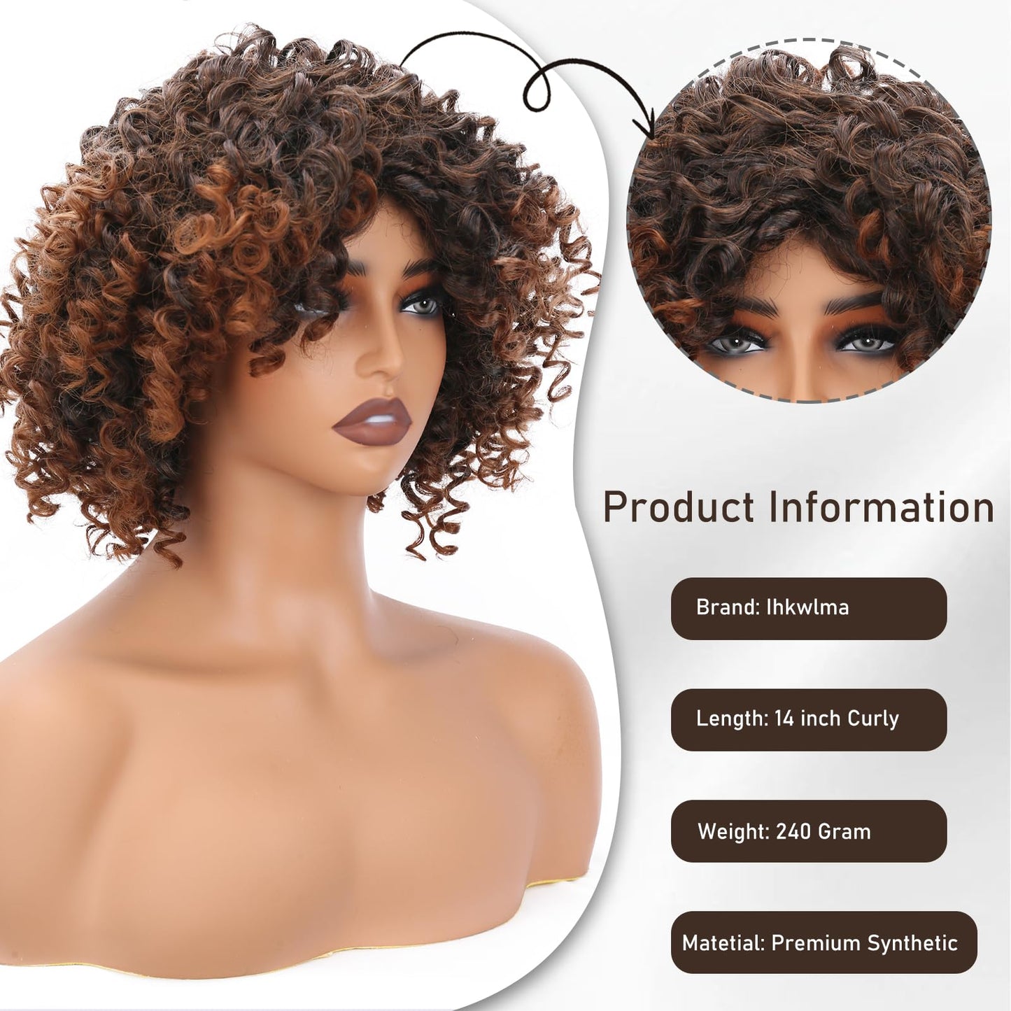 ihkwlma Afro Kinky Curly Wigs for Black Women Glueless Synthetic Short Curly Afro Wig with Bangs Ombre Brown 12 Inch