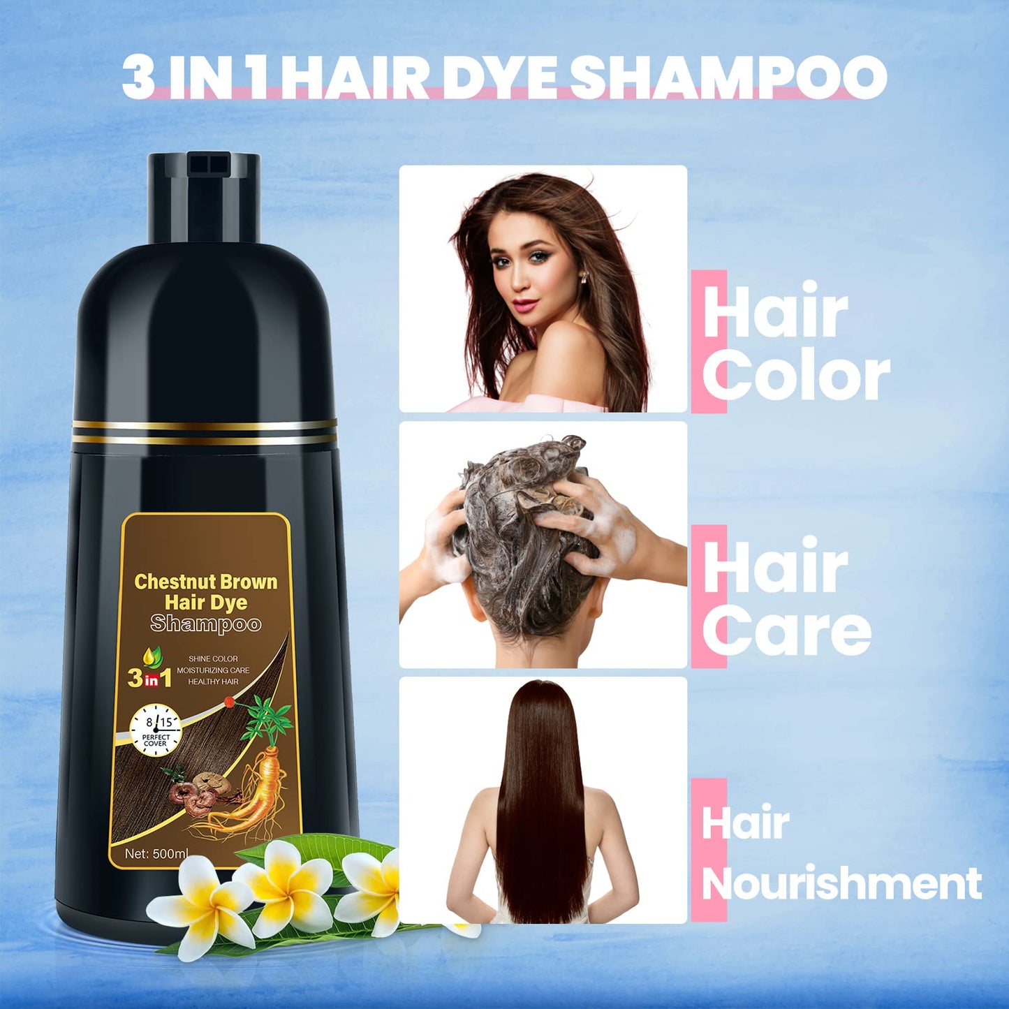 IIIMEIDU Hair Dye Shampoo Chestnut Brown Natural Herbal Hair Color Shampoo for Women, Hair Care Semi-Permanent Hair Shampoo 3 in 1 chao canas shampoo