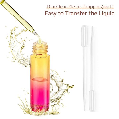 Newzoll 10Pcs 10ml Glass Eye Dropper Bottles, 1/3oz Travel Refillable Perfume Vials for Essential Oils &Tincture, Leak Proof Multi-Color Gradient, Portable DIY Containers with 5ml Plastic Pipettes