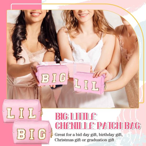 Hillban 2 Pieces Big Little Sorority Gifts Preppy Cosmetic Bag PU Leather Letter Patch Makeup Bag Portable Preppy Purse with Zipper Pouch Waterproof Travel Organizer for Women(Pink)