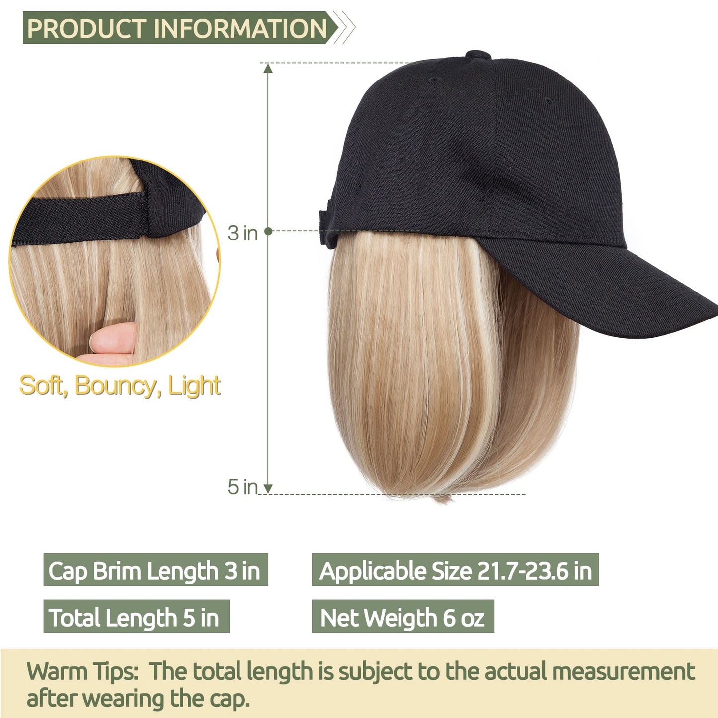 S-noilite 6" Baseball Hats with Hair Attached Short Bob Hairstyle Baseball Cap Wig with Hair Extensions Adjustable Straight Baseball Hat Bob Hair Wig for Women(6in, 10P22T#)