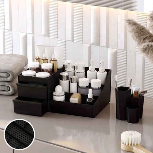 Lumijoy 2 Pcs White Makeup Organizer and Brush Holder Set with 3 Drawers, Perfect for Cosmetics, Skincare, Beauty Tools on Vanity for Bedroom, Bathroom, Kitchen, Black