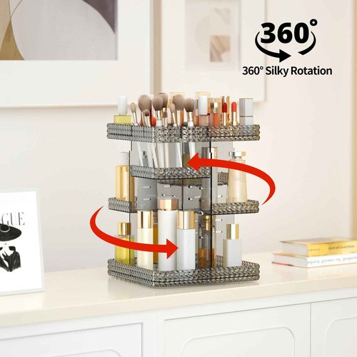 BOCONY Rotating Makeup Organizer, Large Capacity Cosmetic Display Case, Acrylic Skincare Organizer with Makeup Brush, Makeup Storage Organizer for Dresser Countertop and Bathroom Vanity - Grey