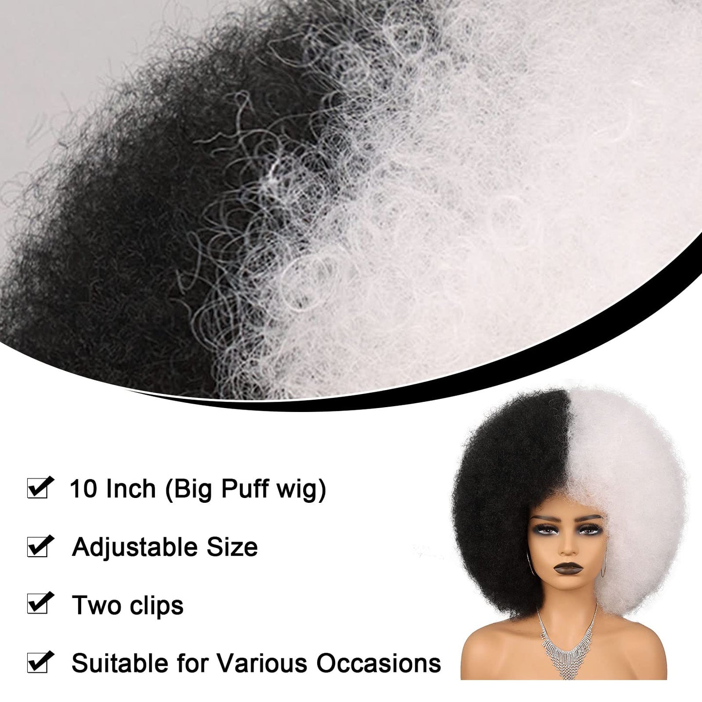 Wallden Hair 10 Inch Afro Wig Black and White Wig for Women Heat Resistant Wig With Bangs Synthetic Afro Puff Wig for Costume Cosplay Halloween Party Use (Black and White)