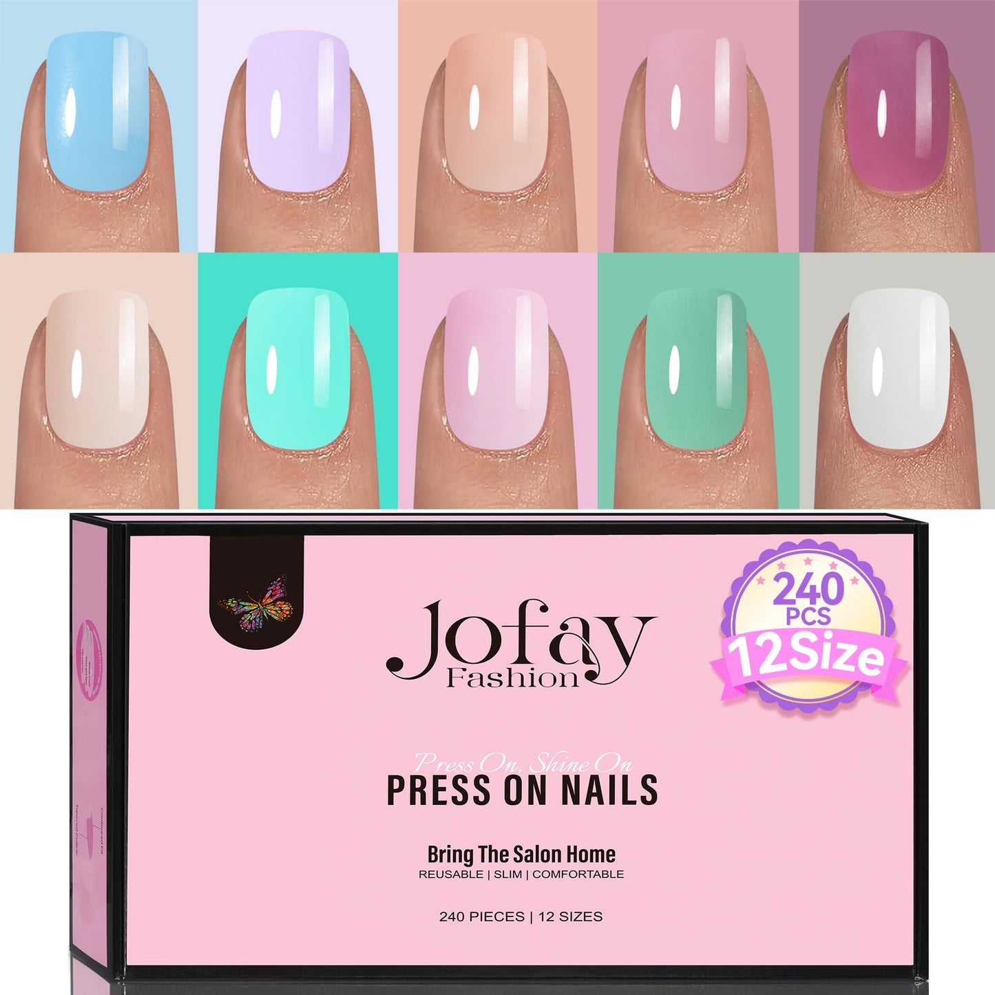 Mixed 10 Colors Nail Tips Press On Nails Short Length Square 240PCS Glue On Nails Kit, Jofay Fashion Glossy Solid Colors Nail Tips Set Nail File Buffer Nails Stickers for Nail Art DIY