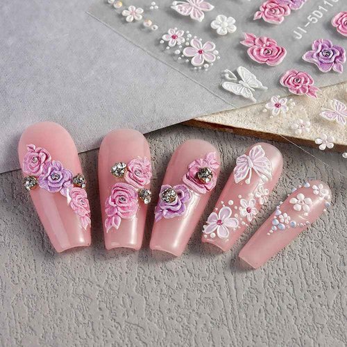 5D Embossed Flower Nail Stickers - Acrylic Carved Rose & Butterfly Nail Art Decals - DIY Floral Petals Designs
