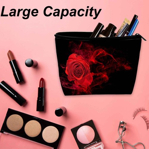 DEMACYA Makeup Bag for Purse, Waterproof Funny Abstract Red Rose Cosmetic Bag for Women, Zipper Travel Toiletry Pouch with Black Leaves Gift 9.5×5.9 Inch