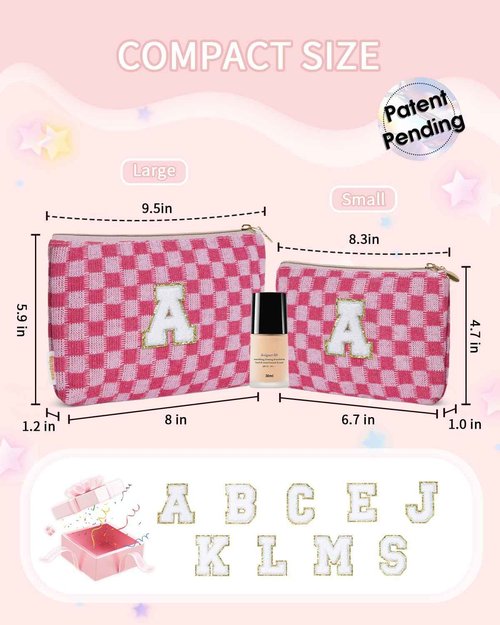 Wandering Nature Personalized Initial Makeup Bag Set – 2-Pack Small Cosmetic Pouch for Travel, Toiletry & Purse Organization, Trendy Glitter Chenille Design for Women, Moms & Daughters