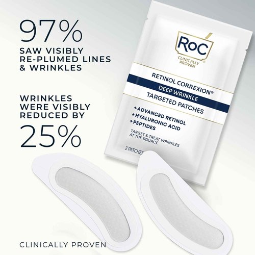 RoC Retinol Correxion Deep Wrinkle Non-Invasive Targeted Patches with Hyaluronic Acid + Firming Peptides for Forehead, 11 Lines, Crow’s Feet and Laugh Lines, (6 Patches) with Retinol Eye Packette
