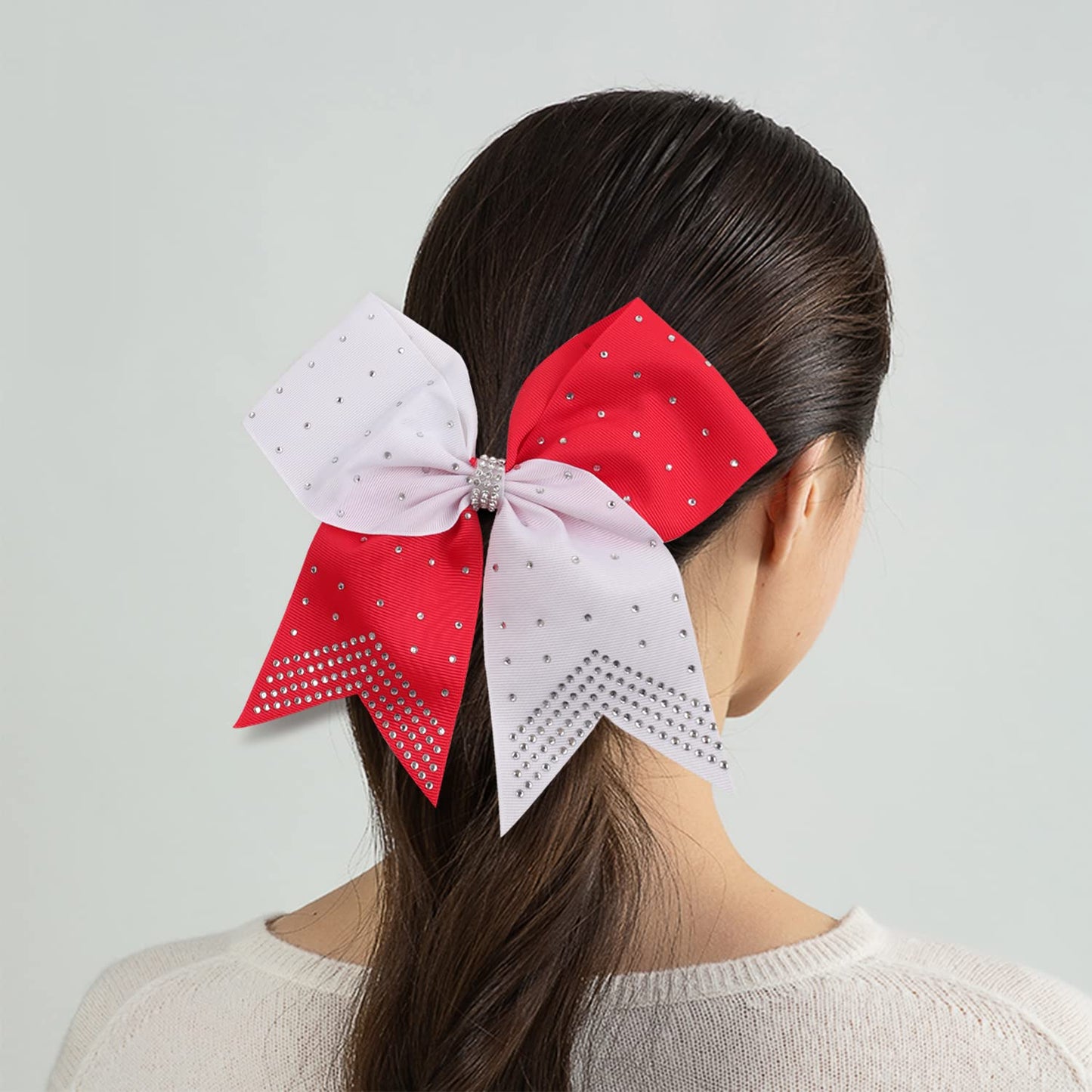 6PCS 8" Large Cheer Hair Bows Ponytail Holder, Rhinestones Cheerleader Bows with Elastic Band Hair Tie Handmade for Cheerleading Teen Girls College Sports (White/Red)