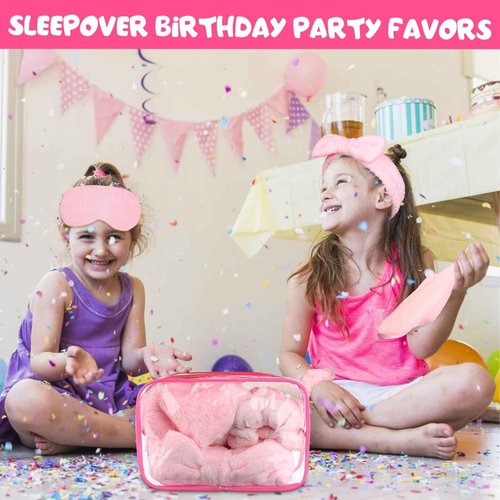 FIONUPI 30 Pcs Spa Sleepover Party Supplies 6 Bow Makeup Headband 6 Pink Plush Sleep Eye Mask 6 Velvet Scrunchies 6 Makeup Remover Cloth 6 Clear Cosmetic Bags for Women Slumber Party Favors