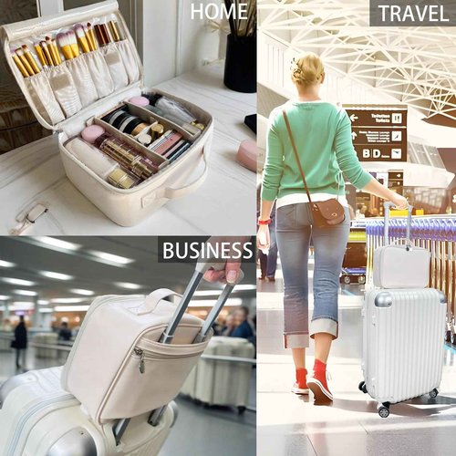 MKPCW Multifunctional Travel Makeup Bag Cosmetic Organizer with Removable Dividers, Brush Holder & Luggage Strap – Waterproof Large Capacity Toiletry Pouch for Women, Gym, Daily Use (White)