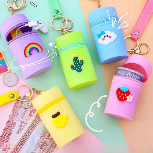 CECKQUE Cute Mini Silicone Coin Pouch Keychain, Coin Purse, Portable Lip Gloss Pouch Bag, Lipstick Case, Chapstick Carrier Bag (Pink/Purple)