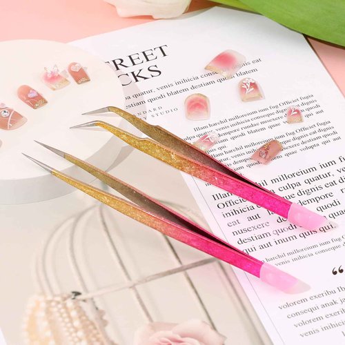 Double Ended Nail Art TweezersCurved,2Pcs Tweezers, Eyelash Tweezers, Straight Fine Tip Tweezers for Women with Silicone Pressing Tips, Suitable for Nail Art, Hair Removal, Jewelry
