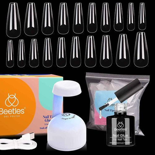 Beetles Gel Nail Kit - 500Pcs Soft Tips, 2 In 1 Glue & Polish, Coffin Shape, UV & Top Coat