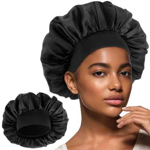 WLLHYF Silk Bonnet for Men, Satin Bonnet Double Layer Elastic Band Silk Sleep Cap Black Soft Adjustable Hair Cap Hair Wrap Large Bonnets for Women Sleeping