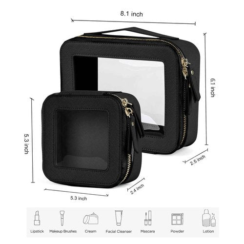 Valleycomfy Clear Cosmetic Bag Set Travel Toiletry Bag Set,Clear Makeup Organizer Bag with Visual Window Double Zipper,Black
