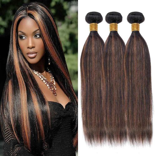 Dokksiiia Highlight Light Brown Bundles Human Hair P1B/30 1B and Light Brown Mix Straight Bundles Double Weft Brazilian Human Hair Sew-In Extensions Soft & Thick 8/10/12 Inch